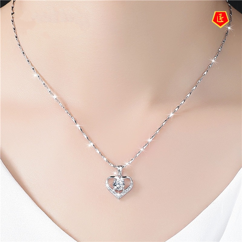 [Ready Stock]Fashion Heart-Shaped Zircon Finely Inlaid Pendant Korean Silver Necklace