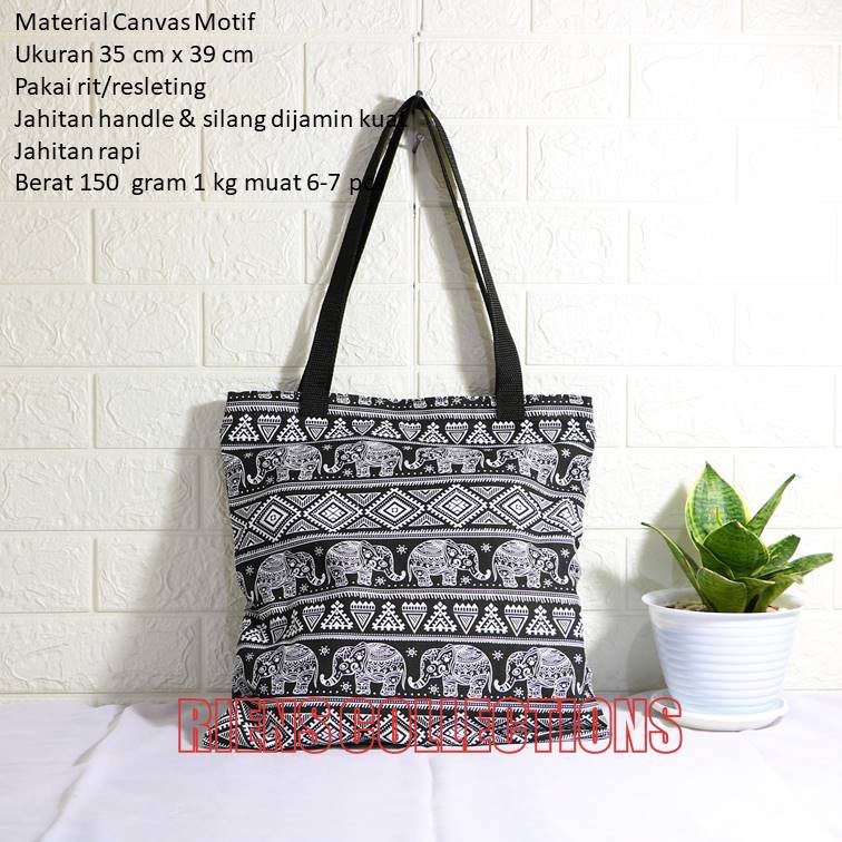 RIENS COLLECTIONS. TAS KANVAS TOTEBAG KANVAS MOTIF GAJAH LATAR HITAM Tas Jogja Tas Souvenir Jogja Oleh Oleh Jogja