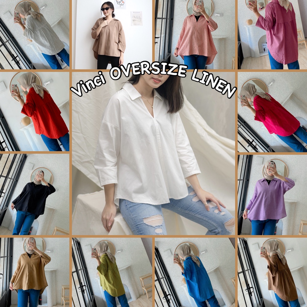 Tq88indonesia Fashion Baju Atasan Wanita Terbaru /  VINCI LINEN OVERSIZE SHIRT / Blouse / Blus Polos Lengan Panjang / Busana Santai Cewek / Ootd / Outfit Kasual