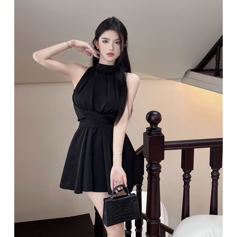 Suhao satin high-end tanpa lengan gaun wanita musim panas Perancis off-the-shoulder wanita seksi tem