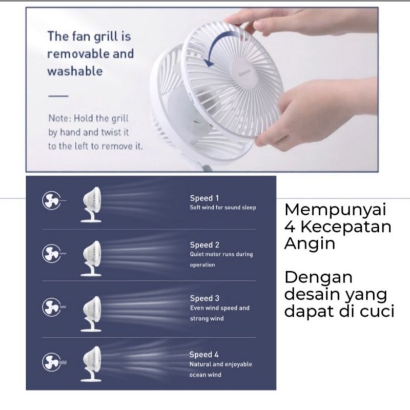 Baseus USB Ocean Fan Kipas Angin Meja Portable Rechargeable Cooling - White