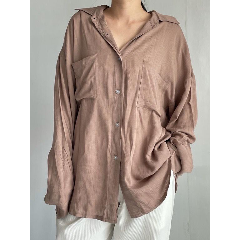 Kemeja Wanita Polos Oversize Lyla Shirt Lengan Panjang Bahan Rayon Cringle