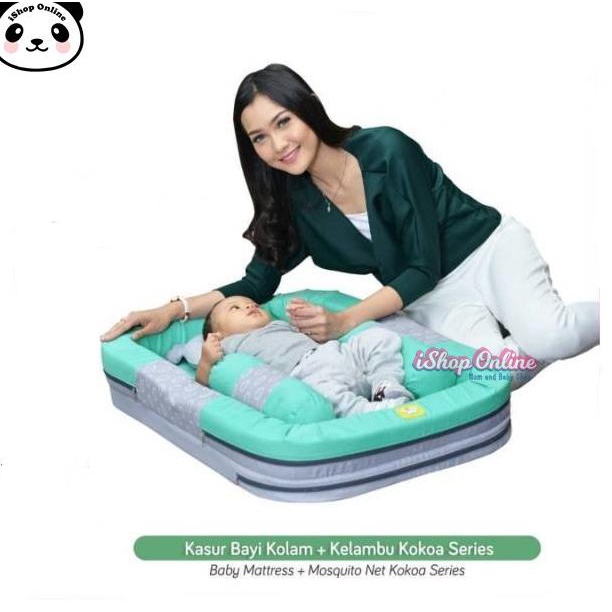 Kasur Bayi Kolam+Kelambu Kojong+Bantal Guling Set Baby Joy Kokoa - Hijau Pastel Putribelarahmi