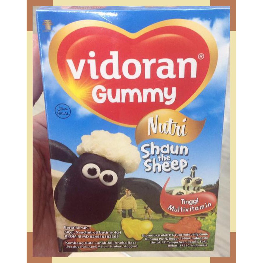 

Vidoran gummy nutri rasa peach- jeruk- apel- melon -strawberry- anggur