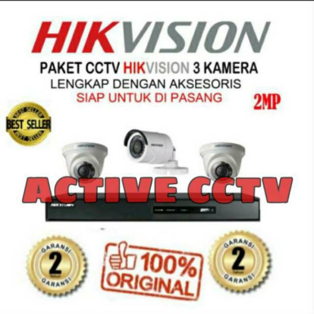 PAKET KAMERA CCTV HIKVISION 3 CAMERA 2MP 1080P FULL HD DVR 4 CHANNEL HIKVISION KOMPLIT LIHAT ANDROID