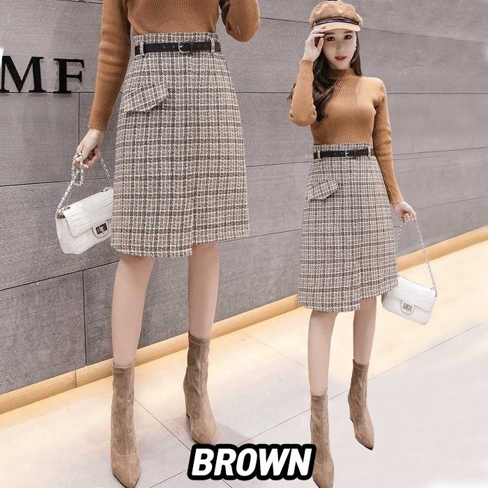 KARAKOREA 8932 Harper Skirt + Belt/Rok autumn/Midi Skirt/Rok kerja/Rok Korea Skirt