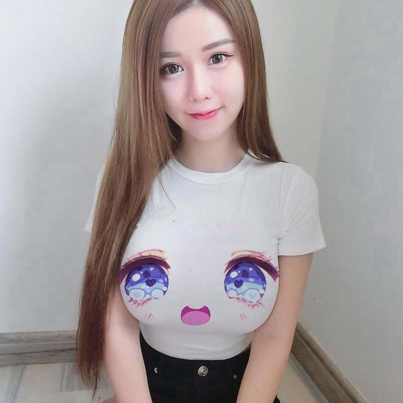 Anchor Sexy Anime Cetak Payudara Besar Mata Lengan Pendek T-shirt Wanita Pendek Dipotong Pusar Ketat