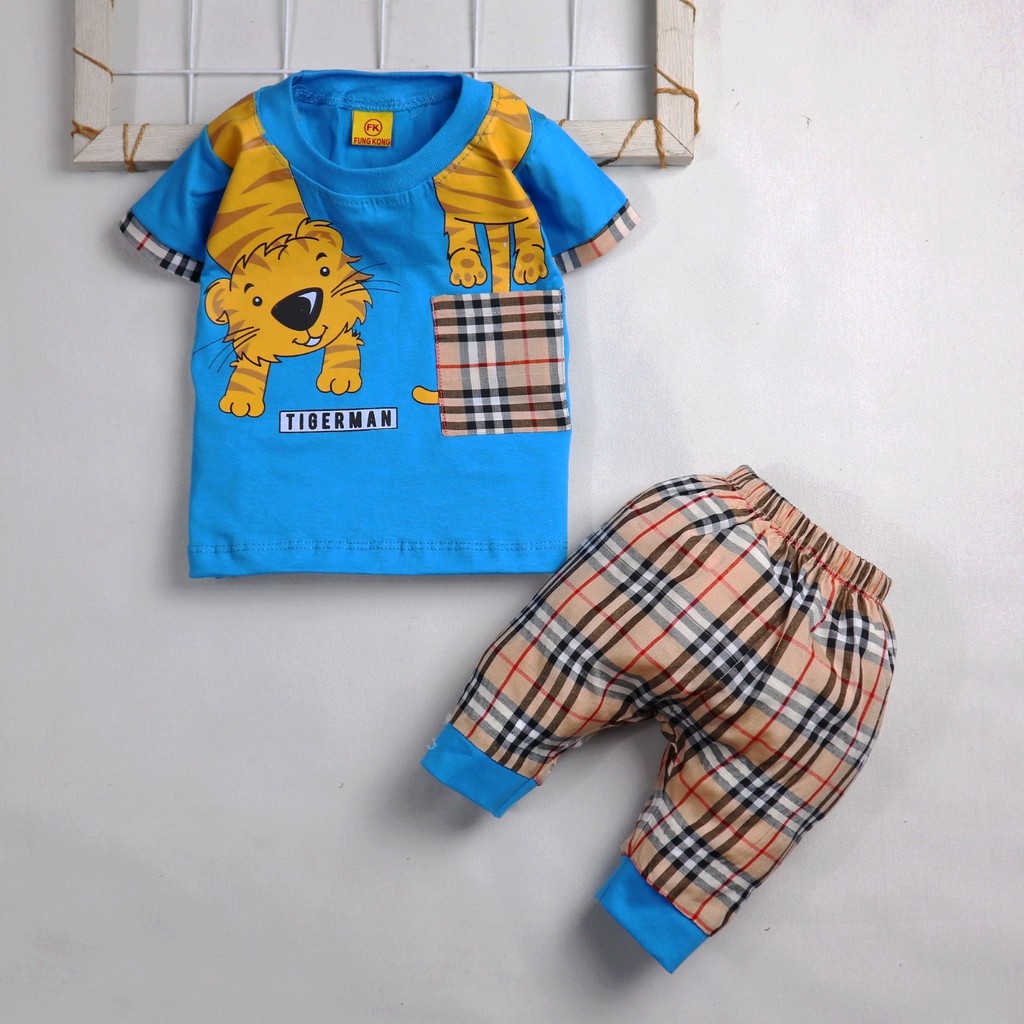 Nuna Store Setelan Baju Celana Bayi Anak Laki-laki Usia 3-12 bulan S886 Motif Tiger Man