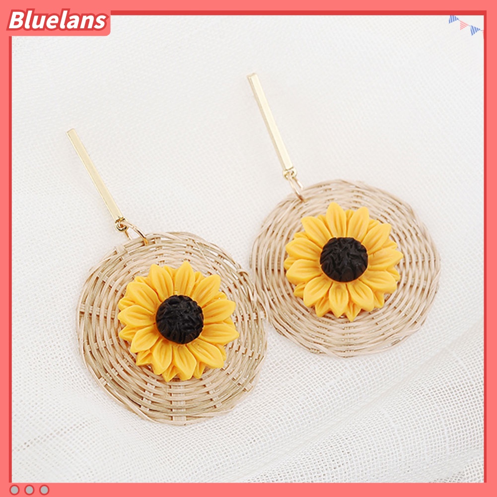 Bluelans Boho Sunflower Rattan Woven Round Pendant Statement Women Stud Earrings Jewelry