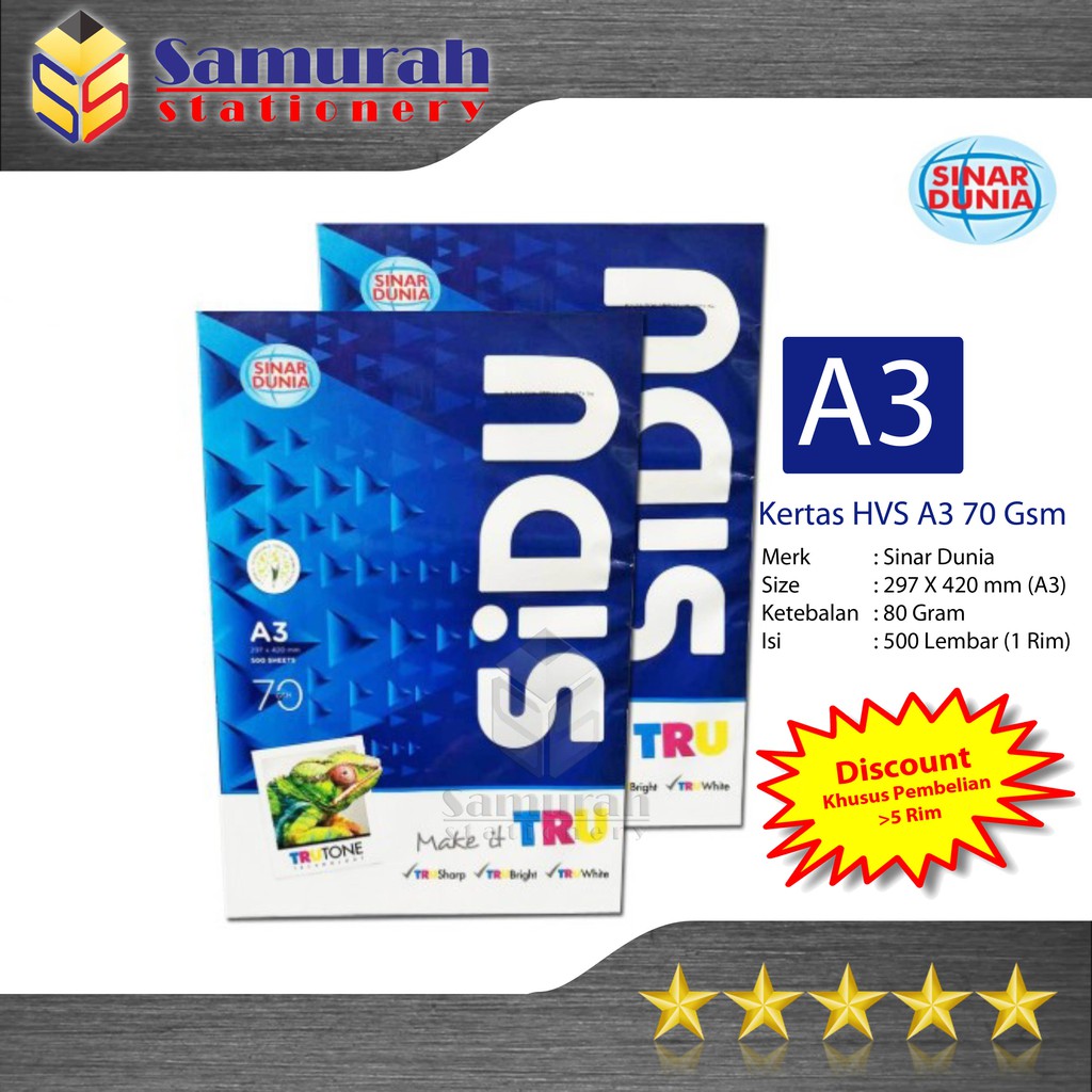 

Kertas HVS Sinar Dunia A3 70 Gsm / HVS Sidu A3 70 Gram / Kertas Print Kantor HVS Putih Sidu A3 70gsm