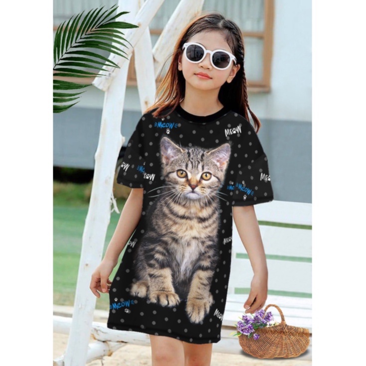 VF -  DRESS ANAK MOTIF PRINT KUCING USIA 2-8 TAHUN