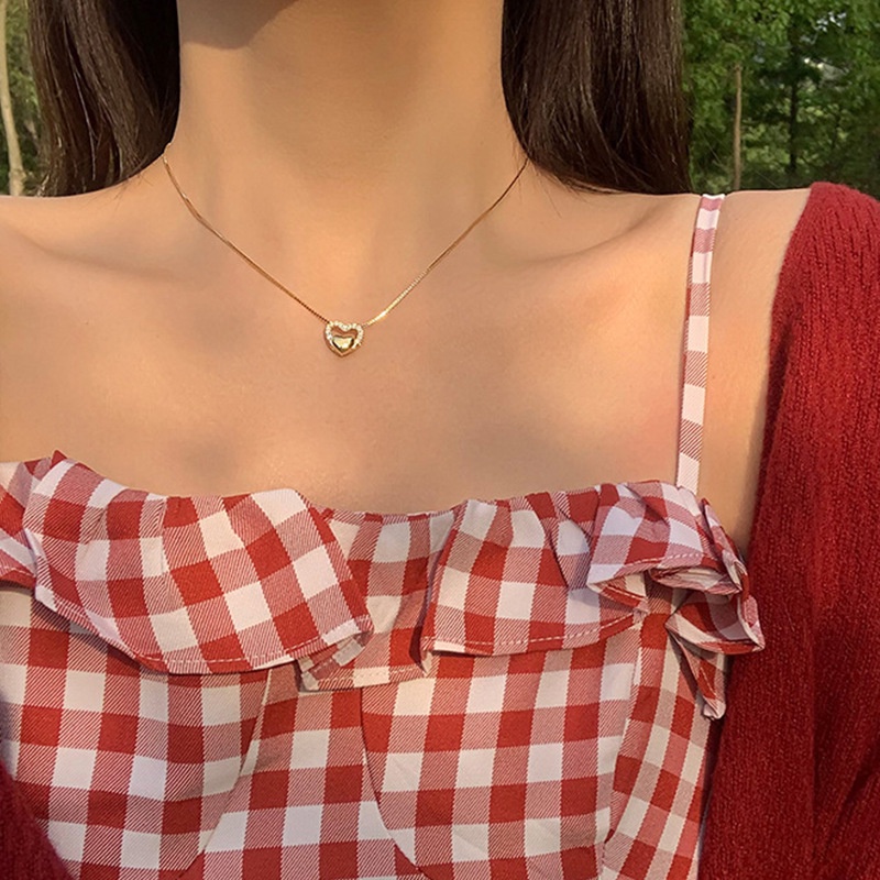 Kalung Rantai Klavikula Hias Liontin Hati Ganda Aksen Berlian Gaya Korea Untuk Wanita