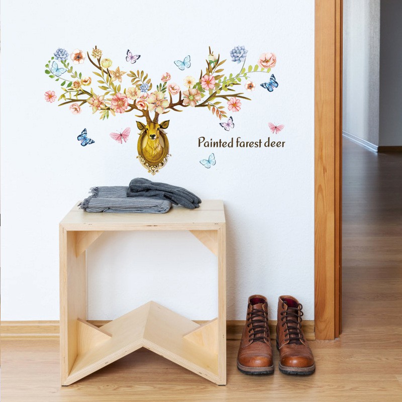 Reliza Wall Sticker Painted Farest Deer Flowers Kepala Rusa Stiker Dinding LDR