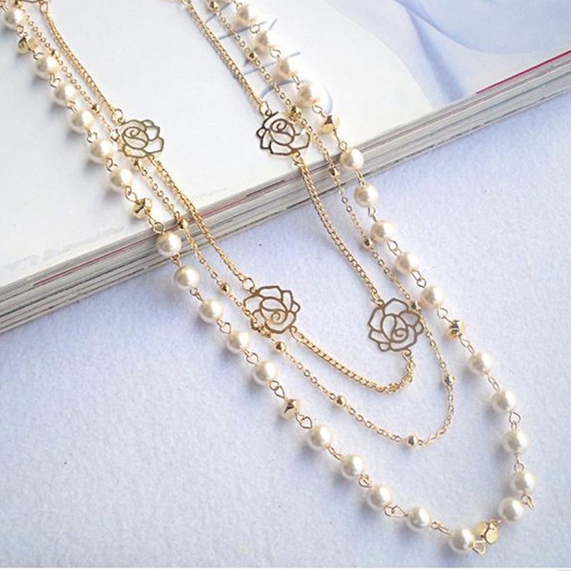 3pcs / Set Kalung Panjang Multilayer Aksen Mutiara Untuk Wanita