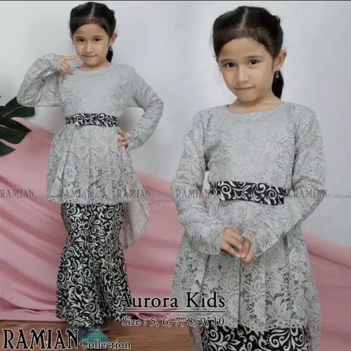 Setelan Kebaya Anak Perempuan Modern Model Aurora Bahan Brukat Warna Silver