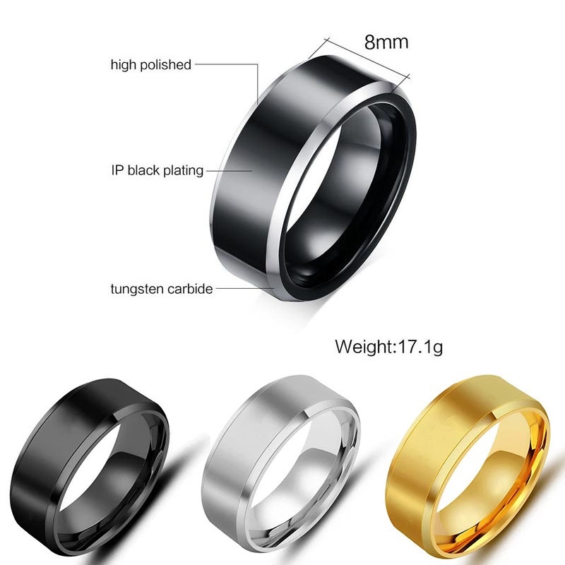 Cincin titanium polos unisex couple warna hitam silver emas bahan stainless steel anti karat dan tidak luntur