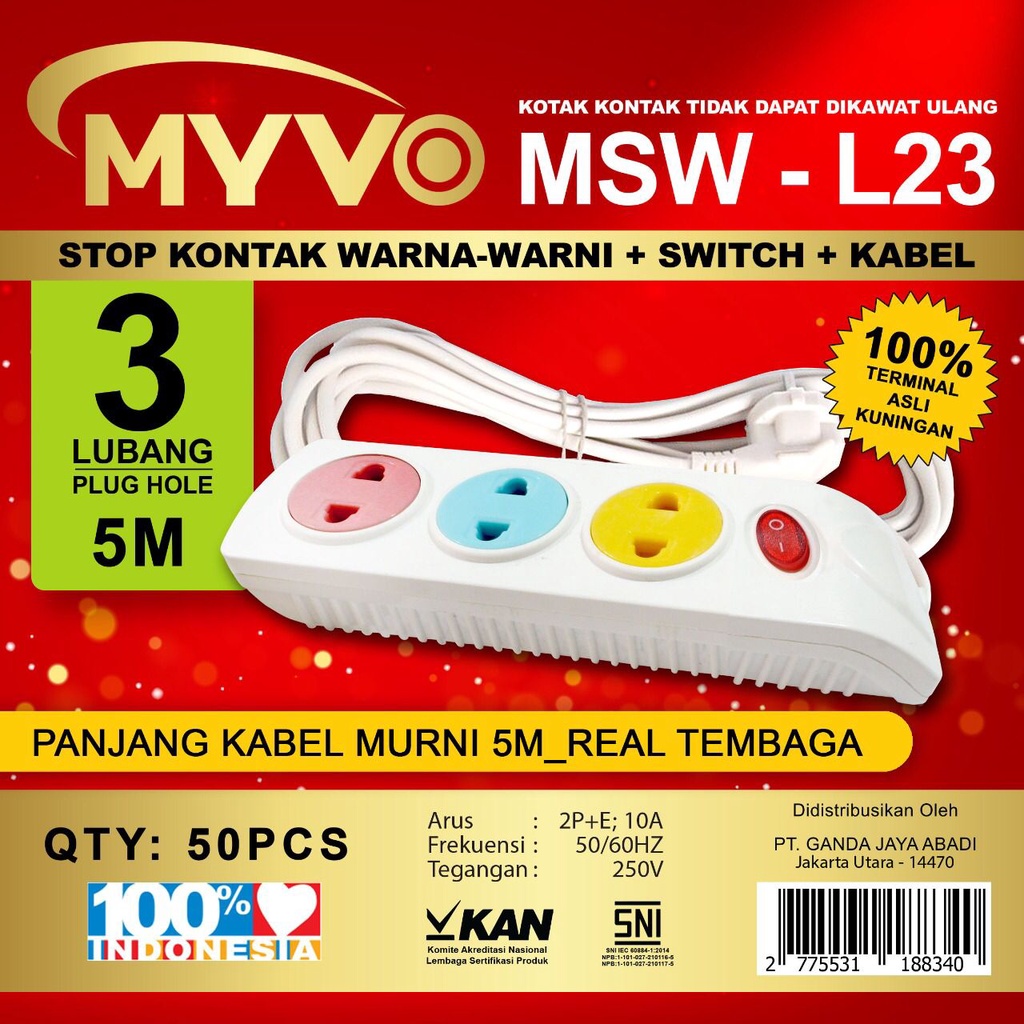 Myvo Stop Kontak Kabel 1,8 - 3 - 5 Meter 3 - 4 - 5 Lubang