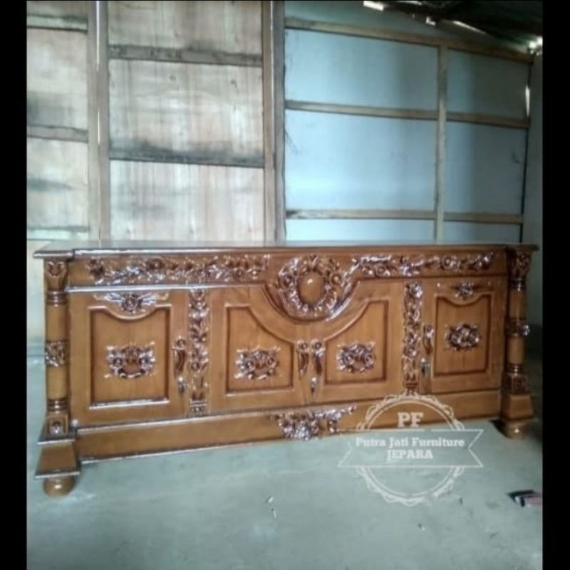 Bufet meja Tv kayu jati - Lemari pendek ruang tamu ukir Jepara