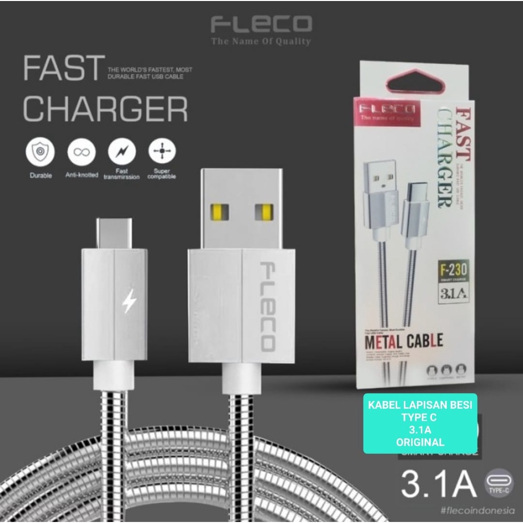 J409 FLECO KABEL DATA FAST CHARGING LAPISAN BESI TYPE C 3.1A METAL SUPER CABLE CHARGER CHARGE FLASH QUICK FASTER J409  usb kabel data metal 3.1A fast charging cable cas qualcom quick charge flash maximum speed quallcom charger hp handphone androi