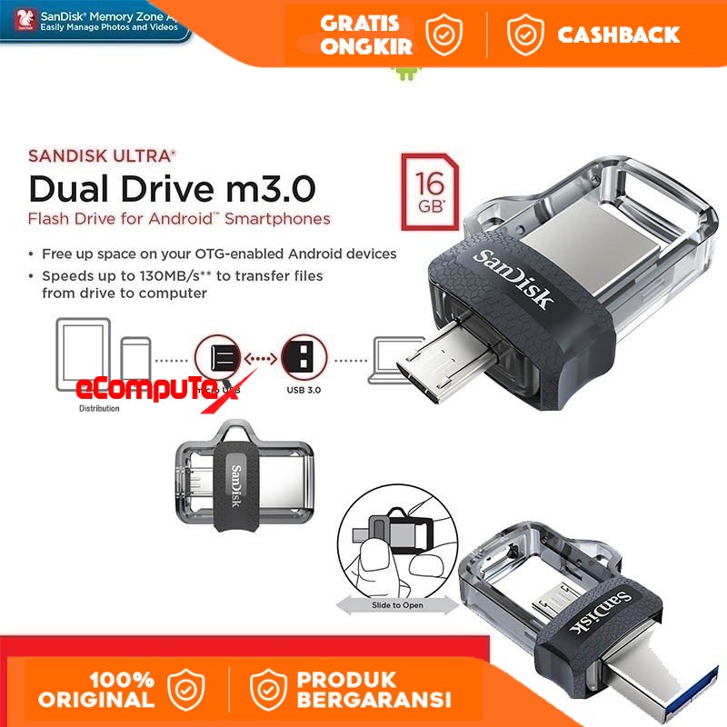 FLASHDISK OTG SANDISK 16GB DD3 ORIGINAL USB FLASH SANDISK DUAL DRIVE TRANSPARAN