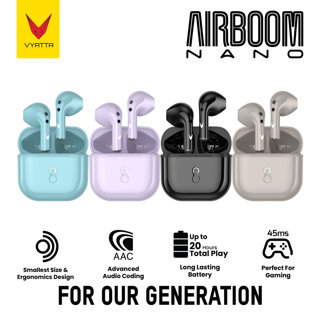 VYATTA AIRBOOM NANO TWS BLUETOOTH HEADSET TRANSPARENT MINI POWERCASE GAMING MODE 16 IN 1