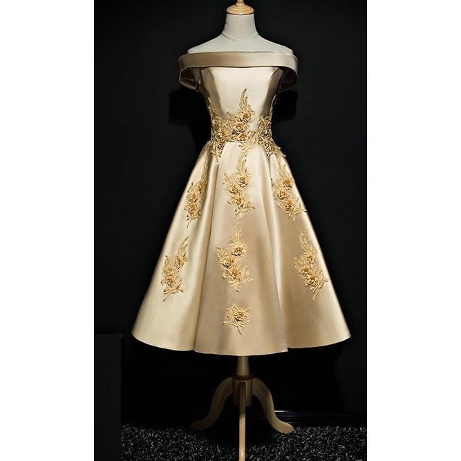 Emas/Gold Sabrina Gaun Pesta Party Dress