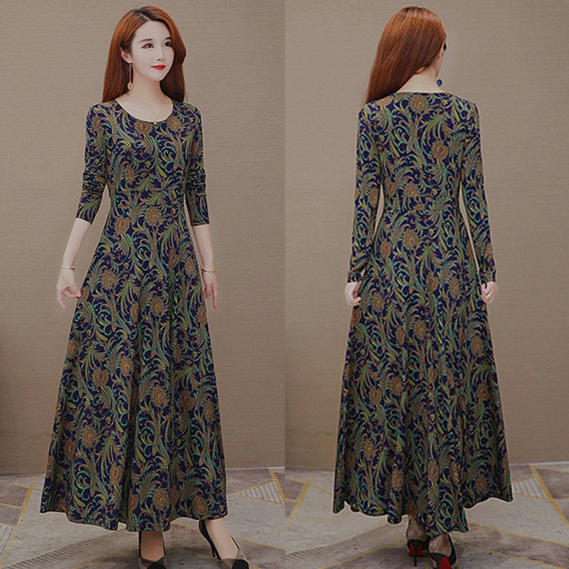 Real Foto M-4XL Gaun Maxi Wanita Lengan Panjang Elegan Slim Bunga Pleated Kasual Makan Malam Vintage Dress