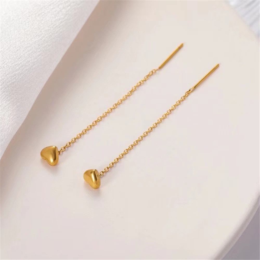 【COD Tangding】Solid Heart Line Tassel Heart Gold Heart-shaped Long Ear Line INS Face Thin Ear Chain Fashion Accessories Jewelry