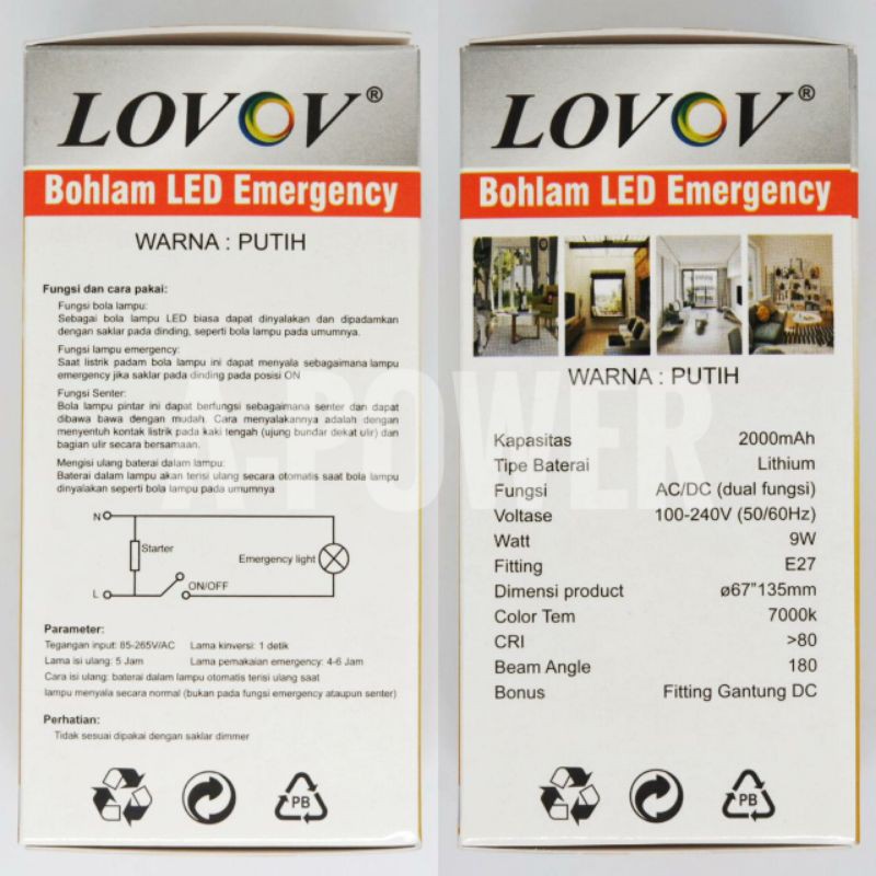 Lovov - Lampu LED Emergency Magic AC / DC 9W (Putih)