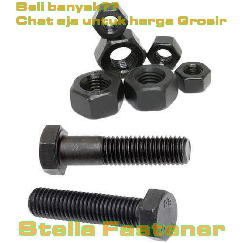 4 pcs Baut Mur NC 3/8''x 3'' Hitam / BMNC 3/8''x 3'' BSW Baut Mur NC Hitam   Grosir Baut