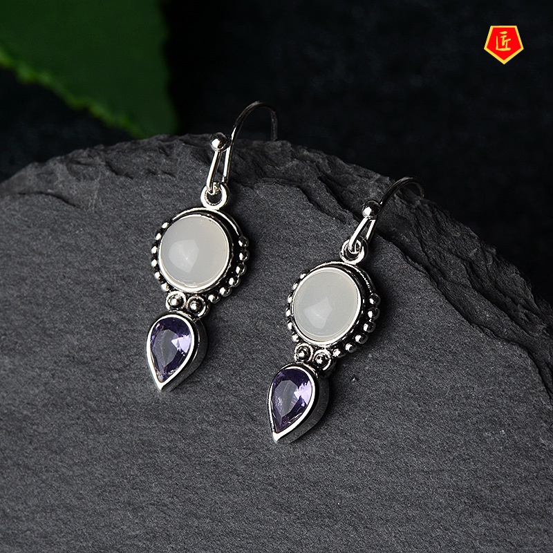 [Ready Stock]S925 Retro Silver Amethyst Moonstone Earrings Temperament