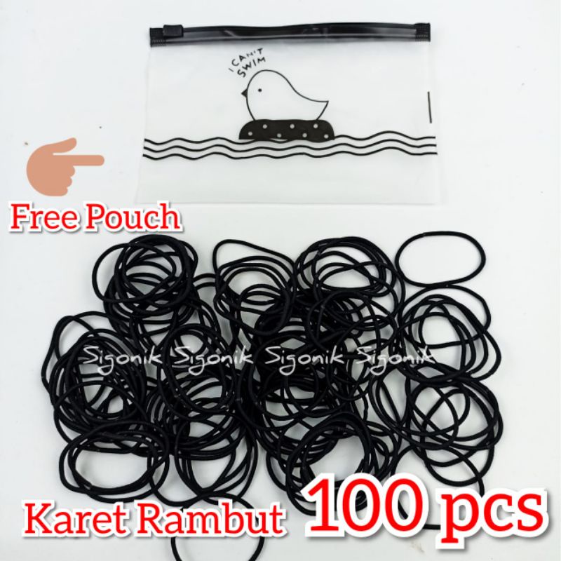 100 pcs Karet Ikat Rambut Korea Elastis Small Polos Hitam Anak Remaja Dewasa Gratis Pouch Panjang Pendek Sigonik