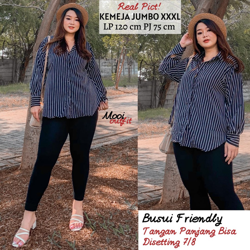 Kemeja Salur Oversize Wanita Jumbo Atasan Kekinian Stripe