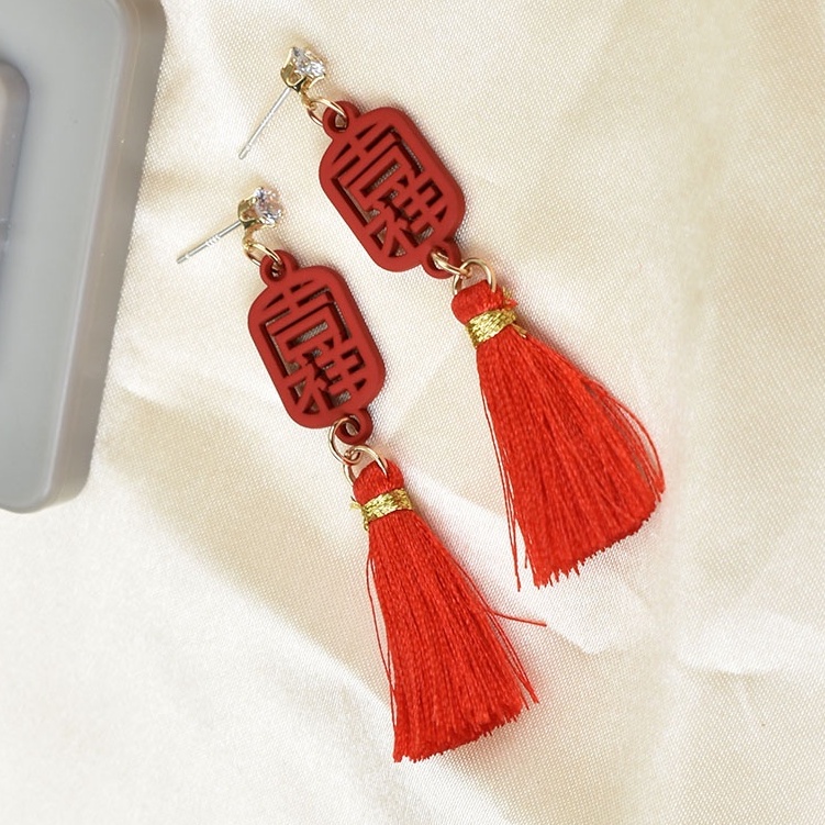 Anting Rumbai Panjang Warna Merah Gaya China Untuk Wanita