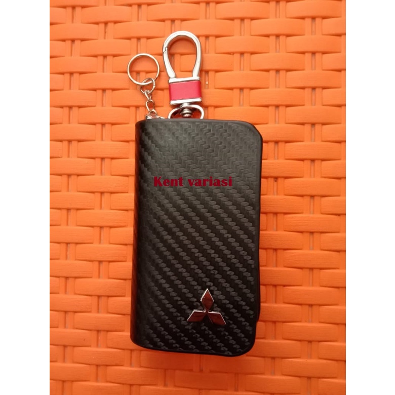 Dompet STNK Carbon Gantungan Kunci Mobil Logo Mitsubishi Universal