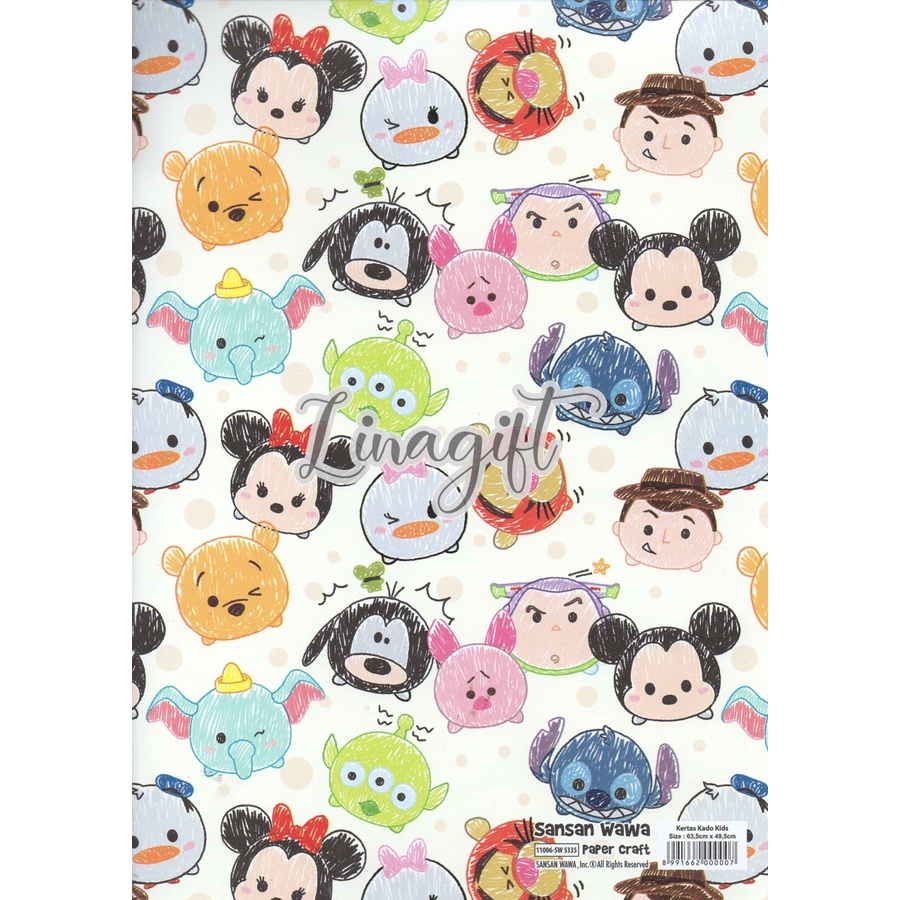 ( 5 Lembar ) TSUM TSUM SANWA - KERTAS KADO - GIFT WRAP PAPER SANSAN WAWA TSUM TSUM PINK / BLUE / CREAM DISNEY MICKEY