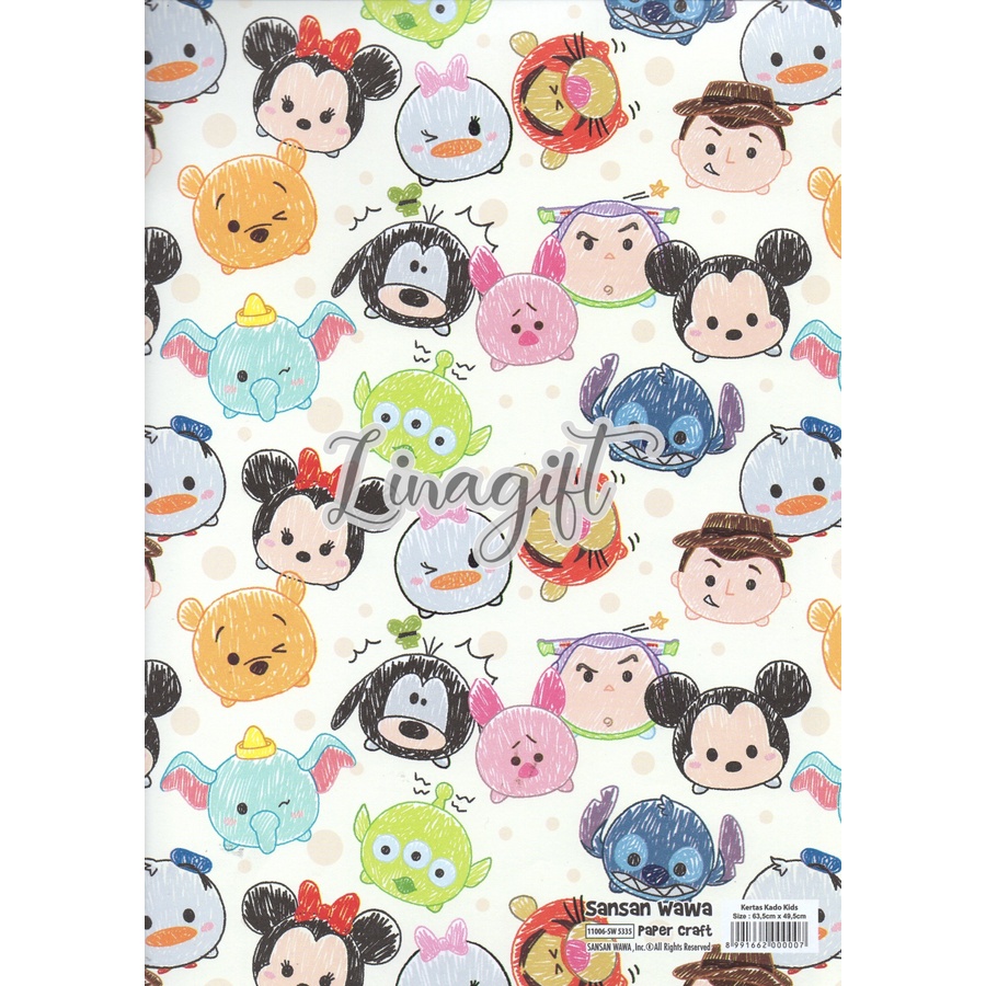 ( 5 Lembar ) TSUM TSUM SANWA - KERTAS KADO - GIFT WRAP PAPER SANSAN WAWA TSUM TSUM PINK / BLUE / CREAM DISNEY MICKEY