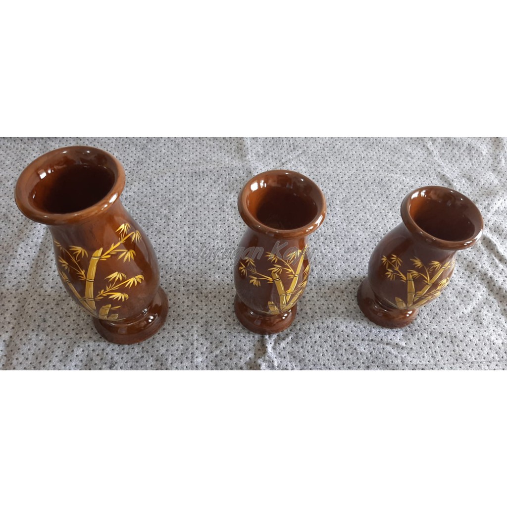 VAS BUNGA KAYU JATI GLOSSY MOTIF BUNGA [3pcs]