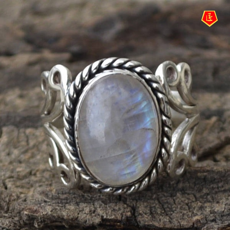 [Ready Stock]Moonstone Silver Ring Exaggerated Creative Elegance