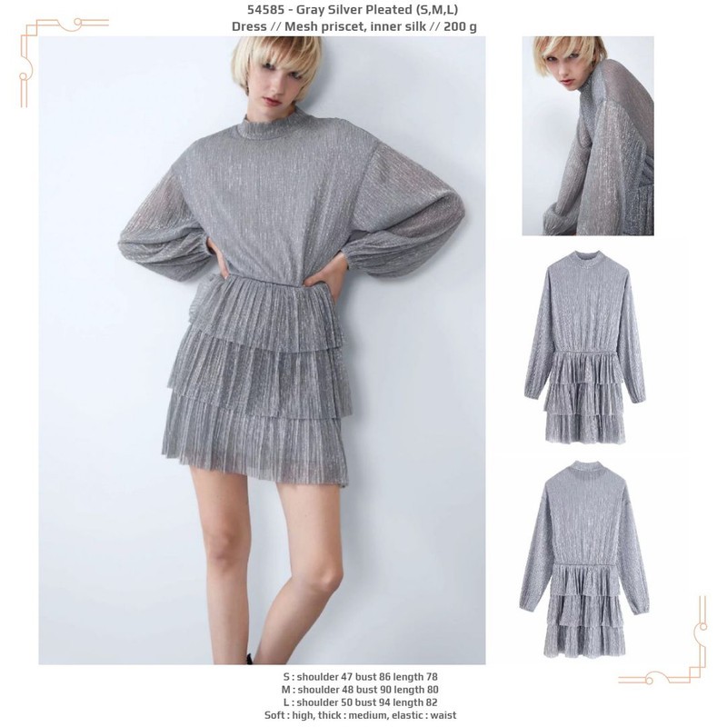 54585 Gray Silver Pleated Dress / Dress Pesta Mini Abu-Abu Perak