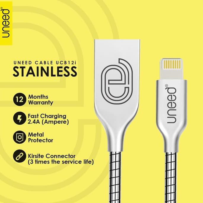 NEW PRODUCT UNEED STAINLESS STEEL KABEL DATA LIGHTNING FAST CHARGING 2.4A - UCB12I TERBAIK