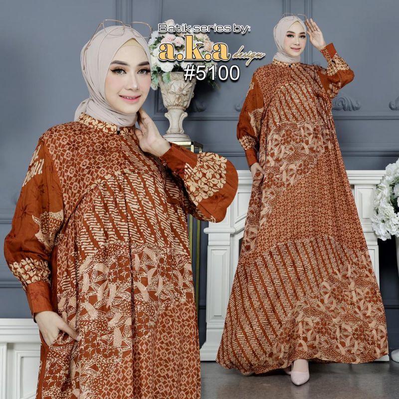 [5100]Gamis Batik Semi Sutra Resleting Depan Tangan Kancing // Kode AKA