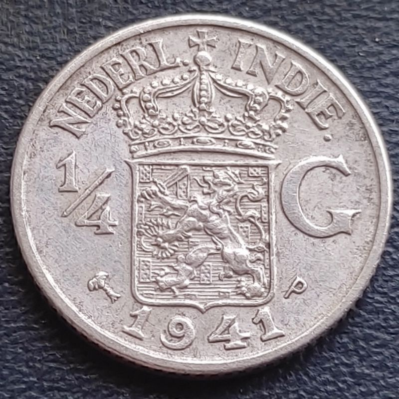 Uang Koin Perak Kuno 1/4 Gulden Nederland Indie Tahun 1941 Silver Coin