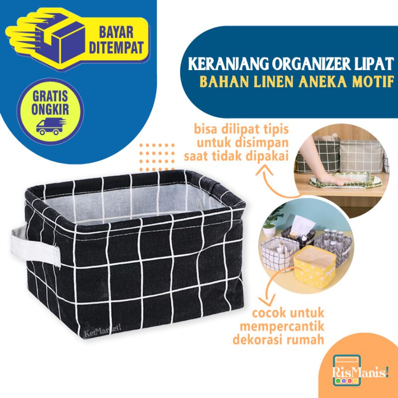 LINEN FOLDABLE STORAGE BOX - Kotak Organizer Keranjang Lipat Box Tempat Penyimpanan Motif Kain Katun