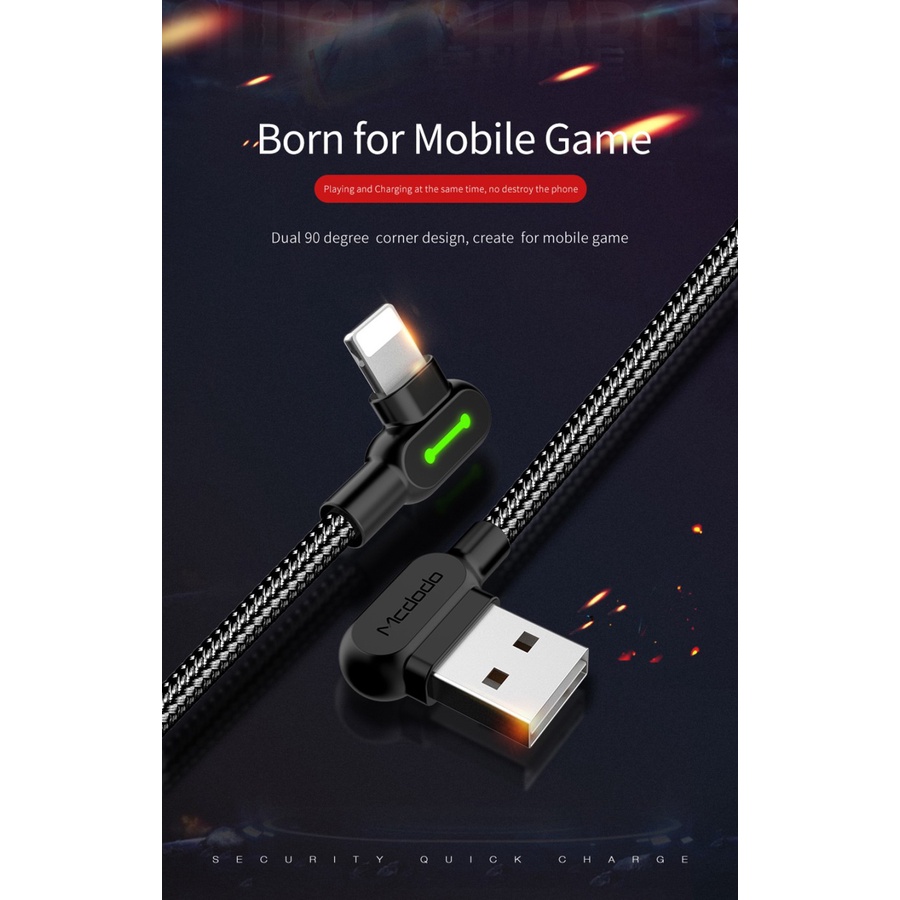 MCDODO CA-467 Cable Lightning Gaming Led 90 Lightning Fast Charging 2A 1.2M 1.8M 3M Kabel Charging Lighting Gaming Letter L