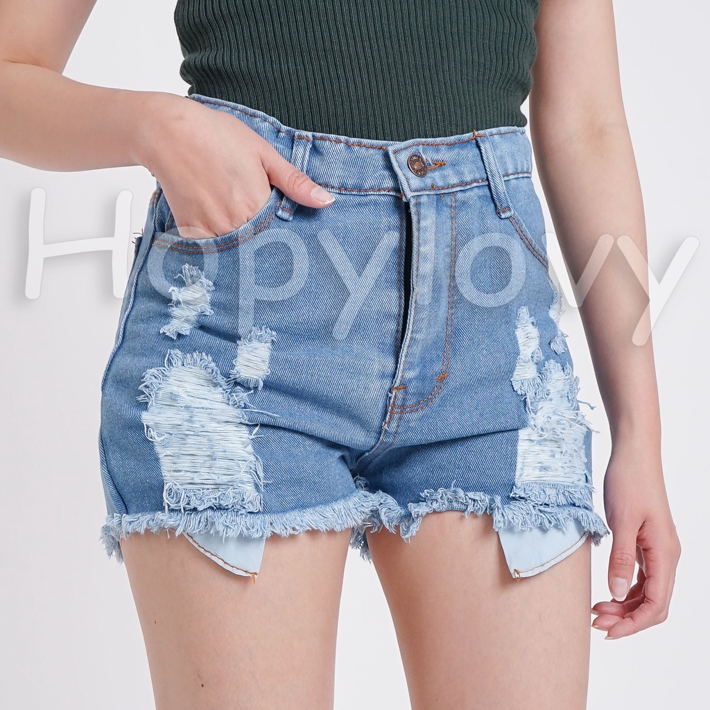 HOPYLOVY Celana Pendek Jeans Wanita Sobek Hotpants Jeans Ripped Angelina