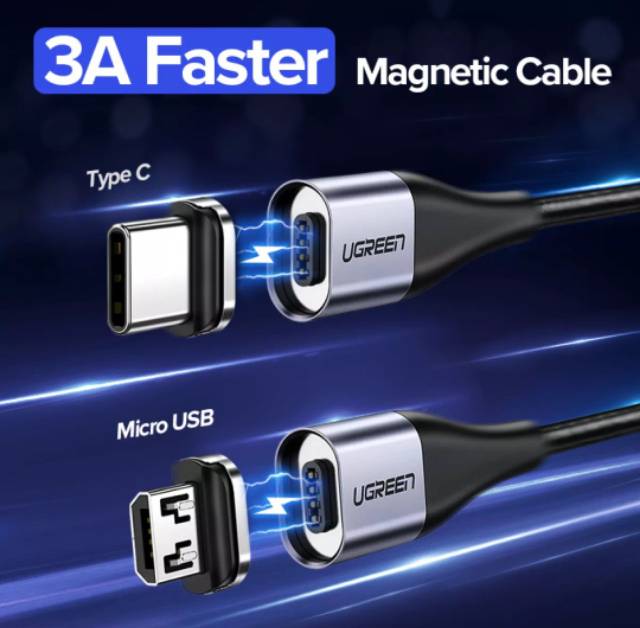 Ugreen Kabel Magnet 3A Nylon Braided 100cm Ugreen Kabel Charger Magnetic 3A Fast Charging