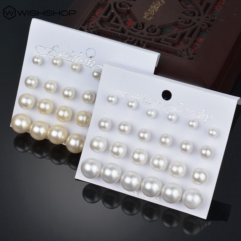 12 Pasang / Set Anting Stud Desain Bola Mutiara Gaya Korea Untuk Wanita