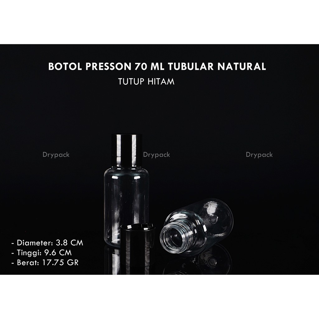 Botol Presson 70 ml Tubular Natural tutup Hitam