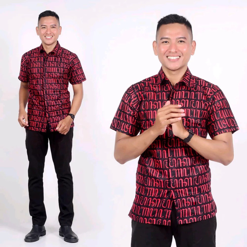 Kemeja Batik Aksara Jawa Honocoroko Merah